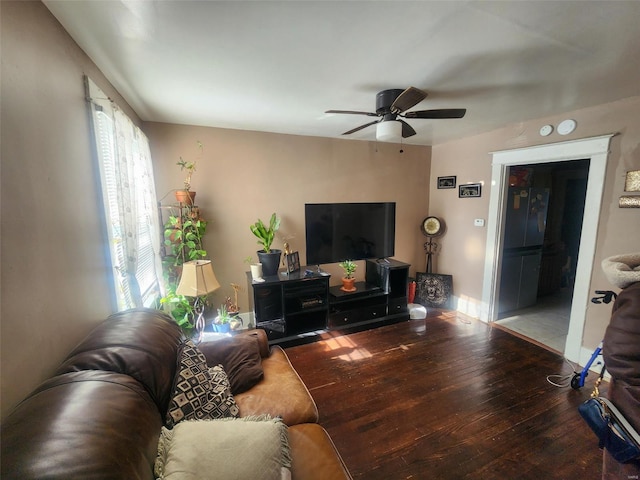 living room featuring ceiling fan and wood-type flooring