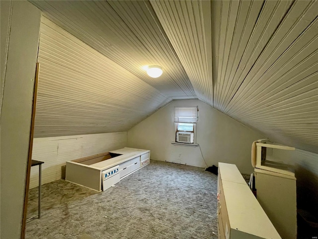 bonus room with cooling unit, carpet floors, wood ceiling, and lofted ceiling