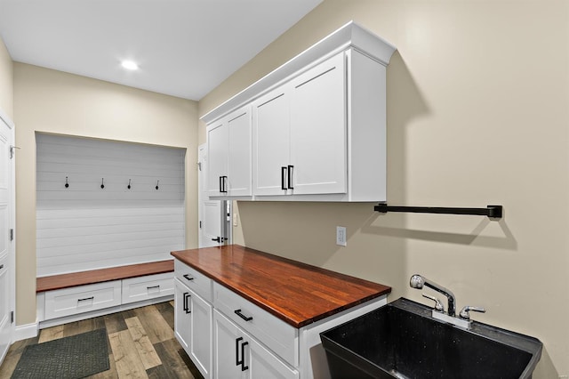 mudroom featuring sink and dark wood-type flooring