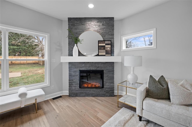 living room featuring a fireplace and light wood-type flooring