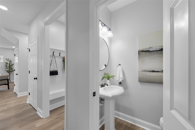 bathroom featuring wood-type flooring, toilet, and sink