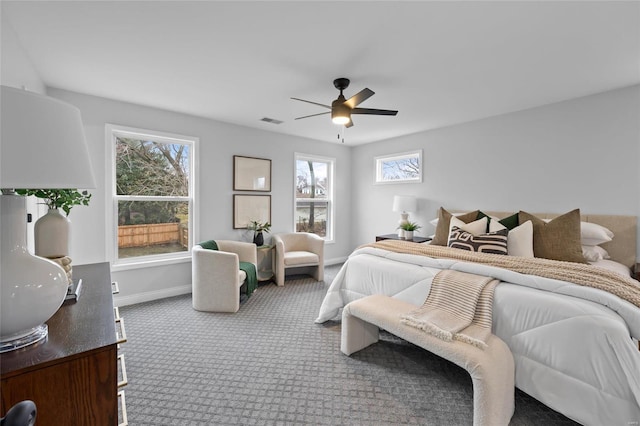 bedroom featuring ceiling fan and carpet floors