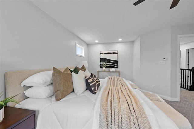 carpeted bedroom with ceiling fan