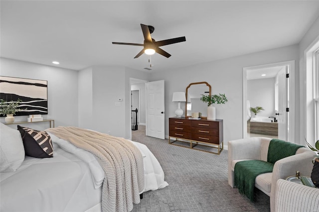 carpeted bedroom featuring ceiling fan