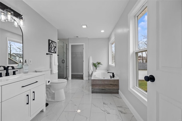 full bathroom featuring vanity, toilet, and plus walk in shower