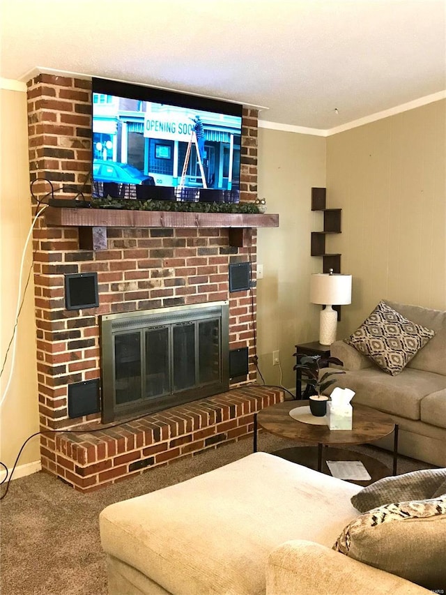 unfurnished living room with a fireplace, carpet floors, and crown molding