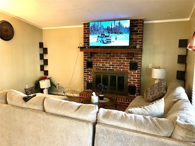 living room with a fireplace and crown molding