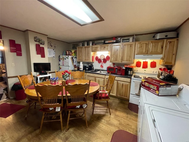 kitchen featuring sink, white appliances, ornamental molding, and light hardwood / wood-style flooring