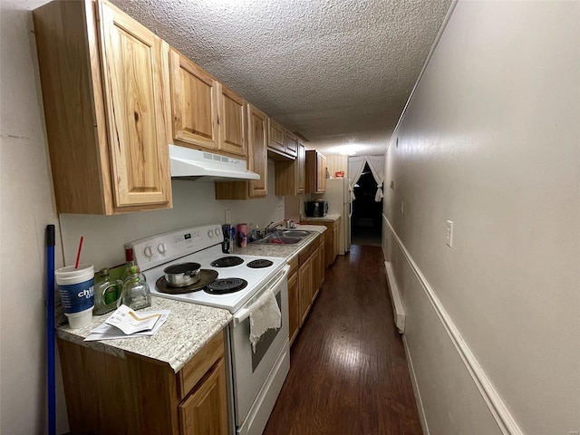 kitchen featuring a textured ceiling, white electric range oven, dark hardwood / wood-style flooring, and sink