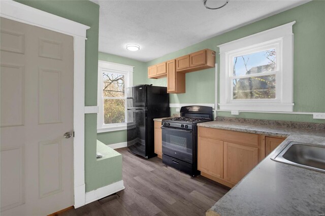 kitchen featuring light brown cabinets, hardwood / wood-style flooring, plenty of natural light, and black appliances