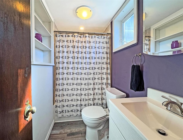 bathroom with vanity, wood-type flooring, and toilet