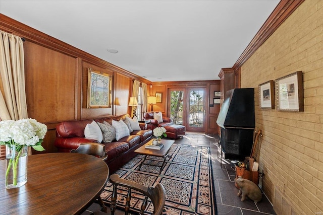 living room with crown molding