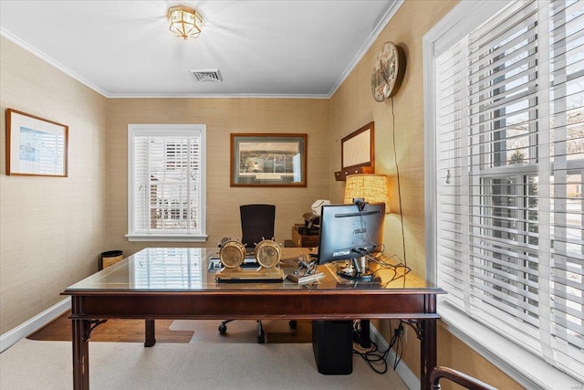 office space with crown molding and a wealth of natural light