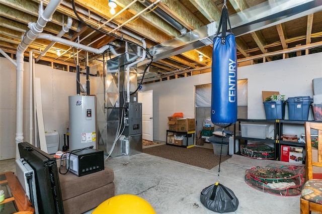 basement with heating unit and water heater