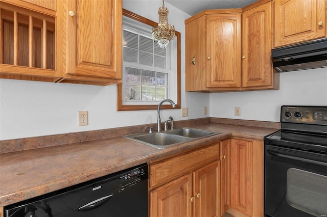 kitchen with sink, an inviting chandelier, black appliances, and ventilation hood