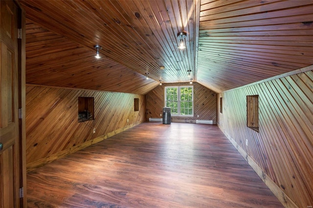 bonus room featuring dark hardwood / wood-style floors, vaulted ceiling, wooden walls, and wood ceiling