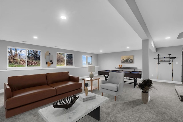 living room featuring light colored carpet and billiards