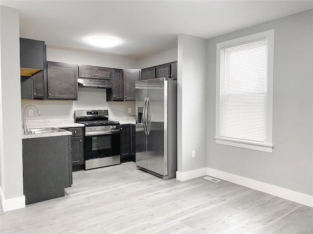 kitchen with dark brown cabinets, sink, light wood-type flooring, and stainless steel appliances