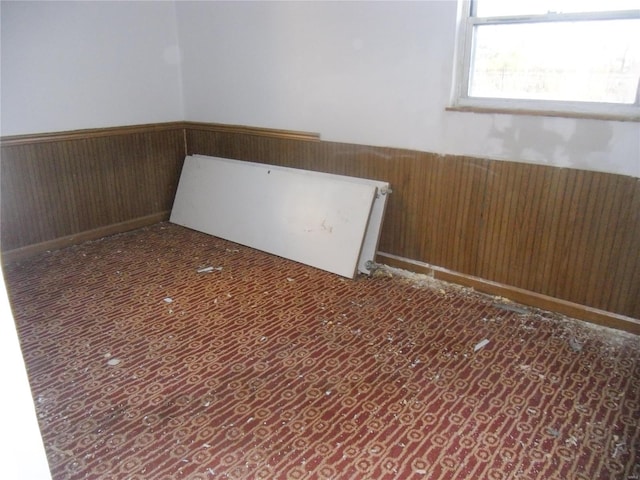 unfurnished room featuring wood walls