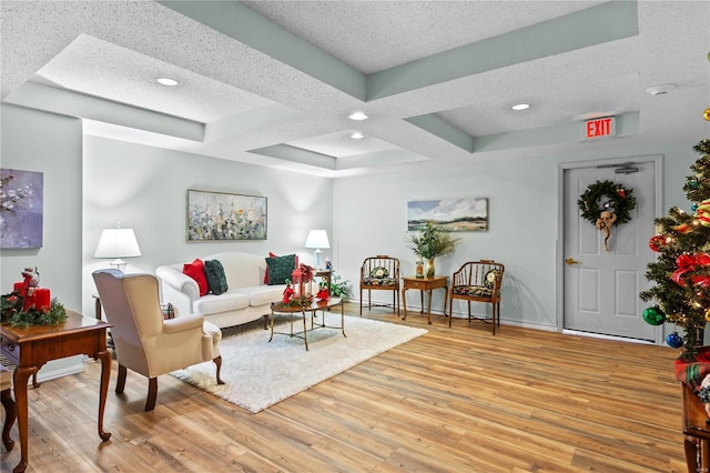 living room with a textured ceiling and light hardwood / wood-style flooring