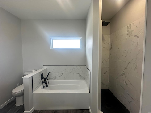 bathroom with hardwood / wood-style flooring, toilet, and independent shower and bath