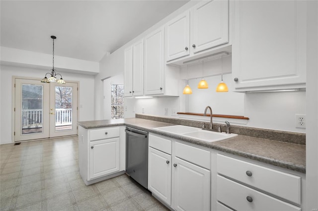 kitchen with dishwasher, sink, kitchen peninsula, pendant lighting, and white cabinets