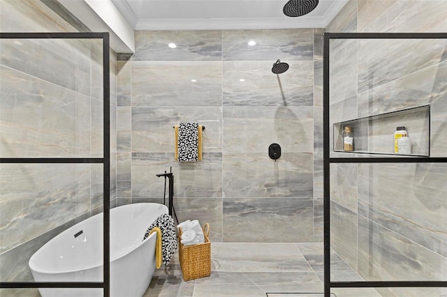 bathroom with separate shower and tub, crown molding, and tile walls