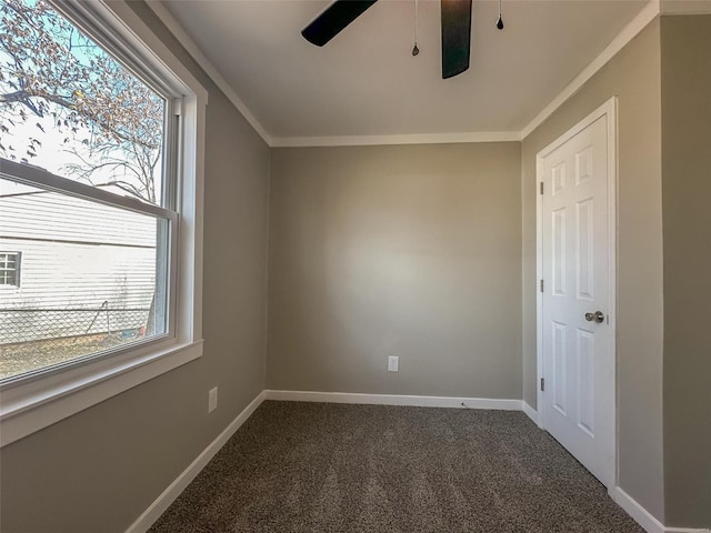 interior space featuring a wealth of natural light, ceiling fan, and dark colored carpet