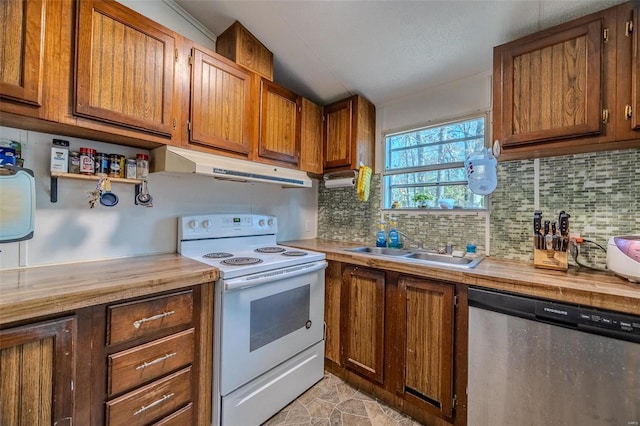 kitchen featuring backsplash, stainless steel dishwasher, white electric range oven, vaulted ceiling, and sink