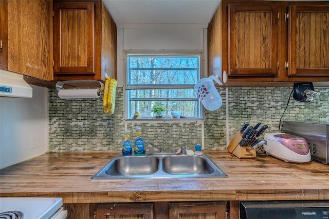 kitchen with tasteful backsplash, sink, and wooden counters