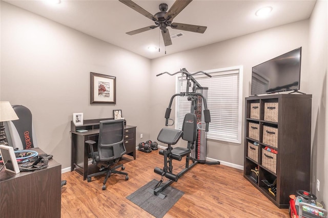 office area featuring light hardwood / wood-style flooring and ceiling fan