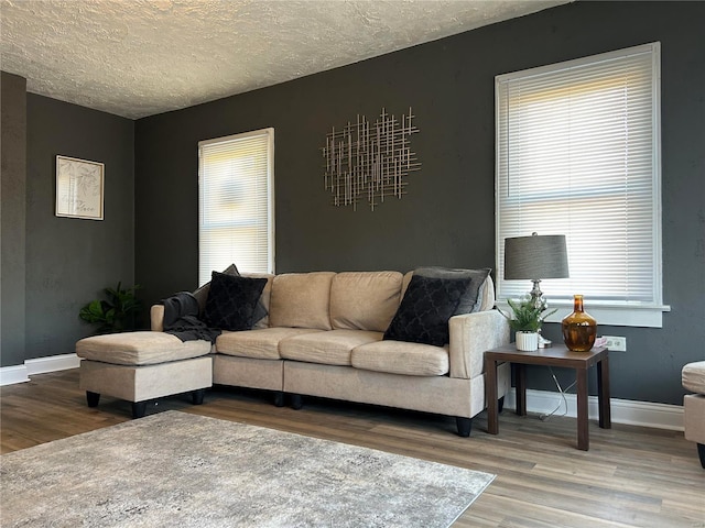 living room with wood-type flooring and a textured ceiling