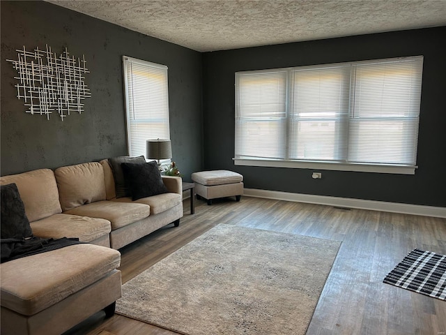 living room featuring wood-type flooring and a textured ceiling