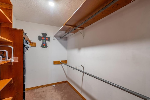 walk in closet featuring light colored carpet