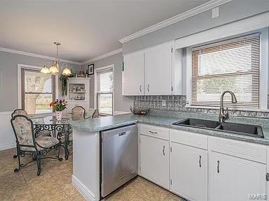 kitchen featuring stainless steel dishwasher, white cabinets, sink, and a chandelier