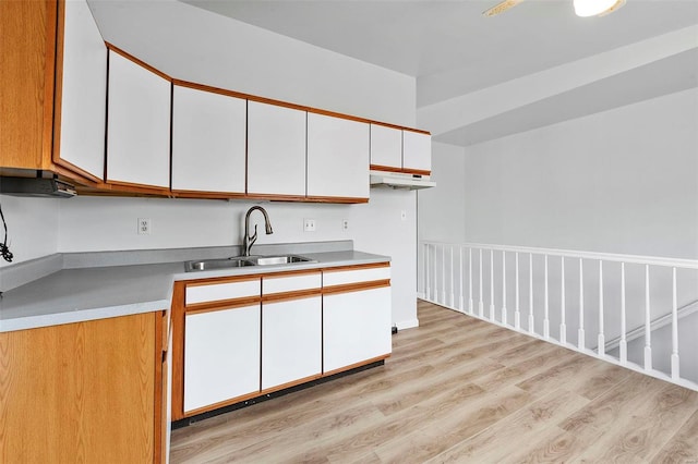 kitchen featuring white cabinets, light hardwood / wood-style flooring, and sink