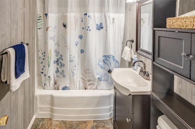 bathroom with vanity and shower / bathtub combination with curtain