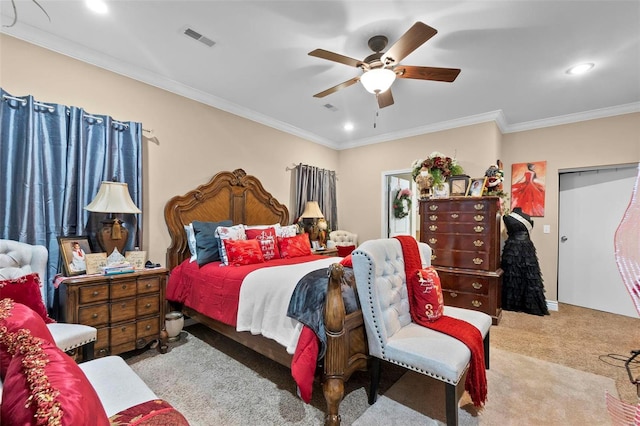 bedroom with ceiling fan, crown molding, and light carpet