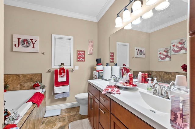 bathroom with vanity, toilet, crown molding, and tiled tub