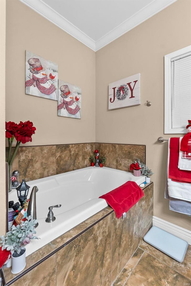 bathroom with a relaxing tiled tub and crown molding