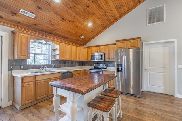 kitchen with high vaulted ceiling, sink, light hardwood / wood-style flooring, butcher block counters, and stainless steel appliances