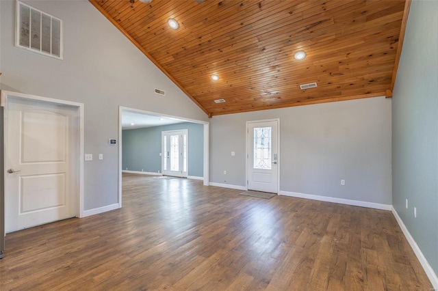 empty room with high vaulted ceiling, wood ceiling, and wood-type flooring