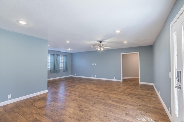 unfurnished room featuring wood-type flooring and ceiling fan