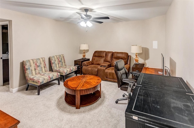 carpeted office with ceiling fan