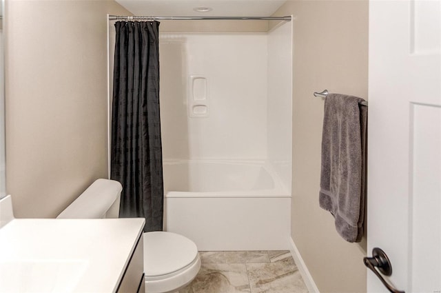 full bathroom with shower / bath combination with curtain, toilet, and vanity