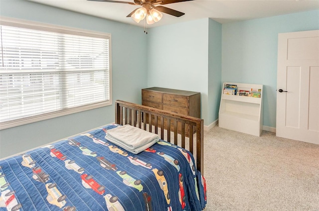 bedroom featuring carpet flooring and ceiling fan