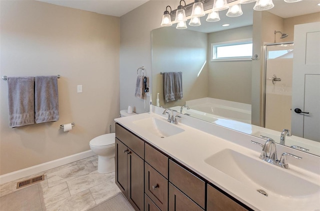 full bathroom featuring separate shower and tub, tile patterned floors, vanity, and toilet