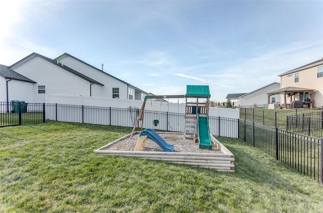 view of jungle gym featuring a yard