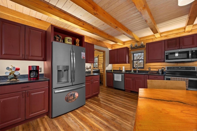 kitchen featuring sink, stainless steel appliances, beamed ceiling, dark hardwood / wood-style floors, and wood ceiling