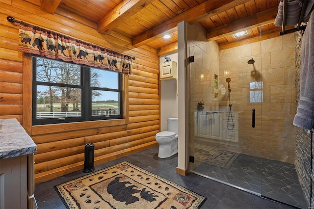 bathroom with beam ceiling, toilet, wooden ceiling, and log walls